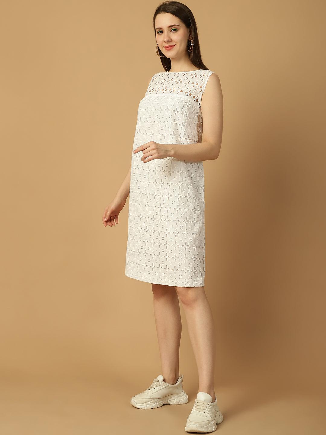 White Schiffli Tiered A-Line Cotton Dress