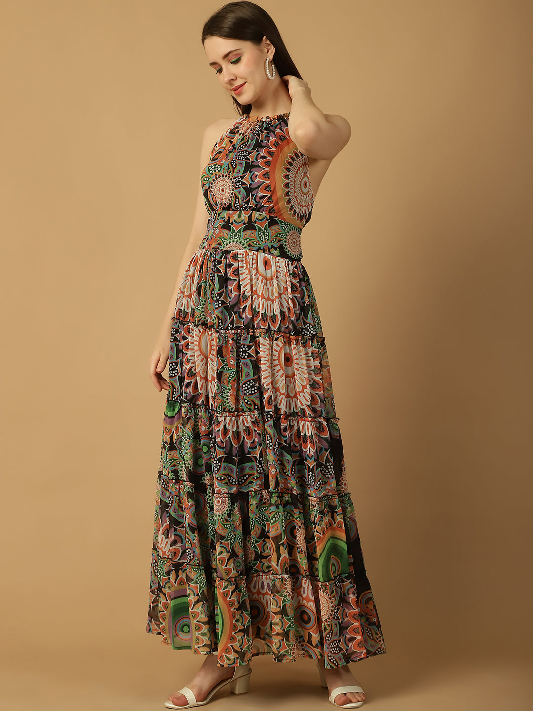 Abstract Print Tiered Maxi Dress