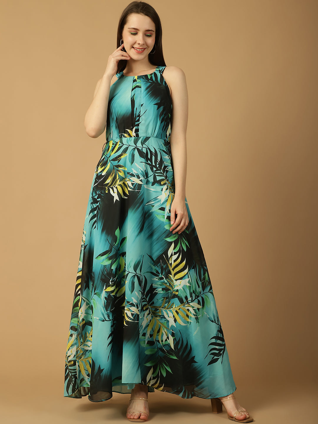 Aqua Tropical Print Maxi Dress