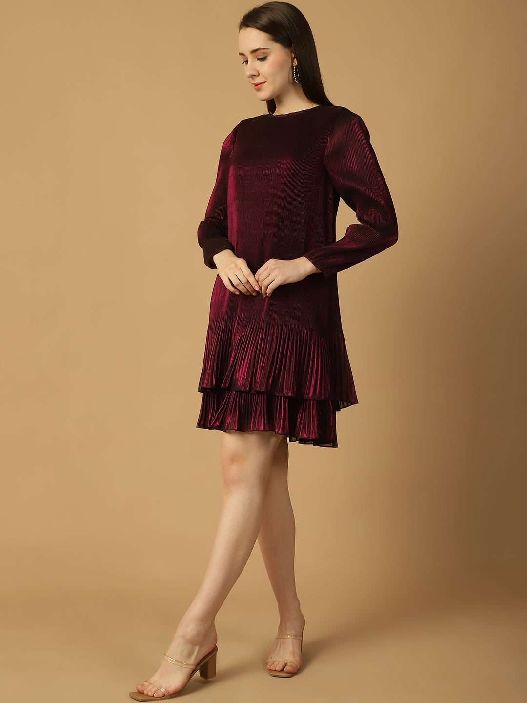 Pleated Shimmer frill hem Swing Dress