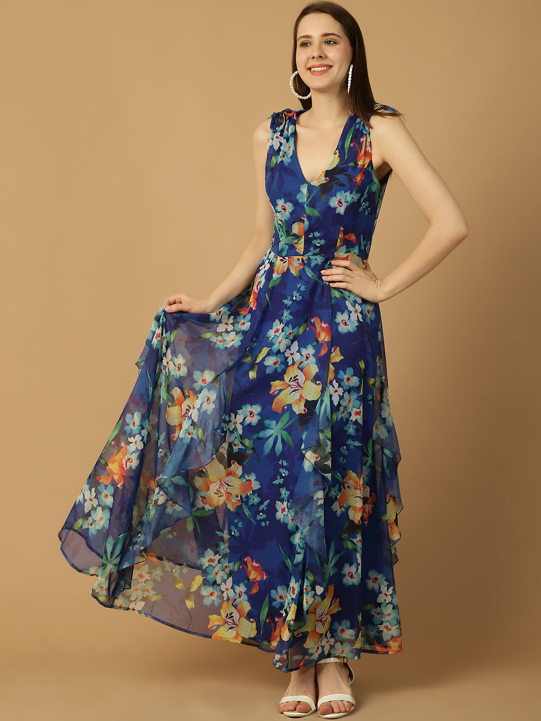 Blue Floral Print Frill Detail Maxi Dress