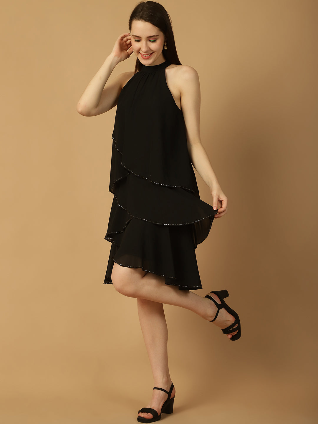 Sparkle Trim Tiered Halterneck Dress