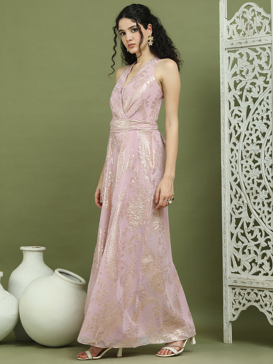 Ethnic Motif Printed Halter Neck Jacquard Wrap Dress