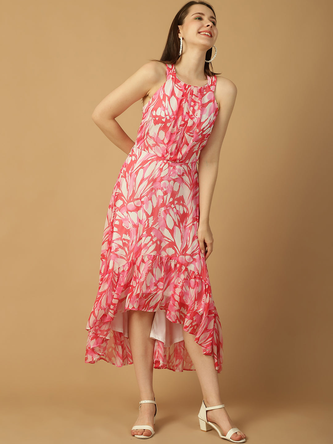 Pink Halter Neck Butterfly Print Dress