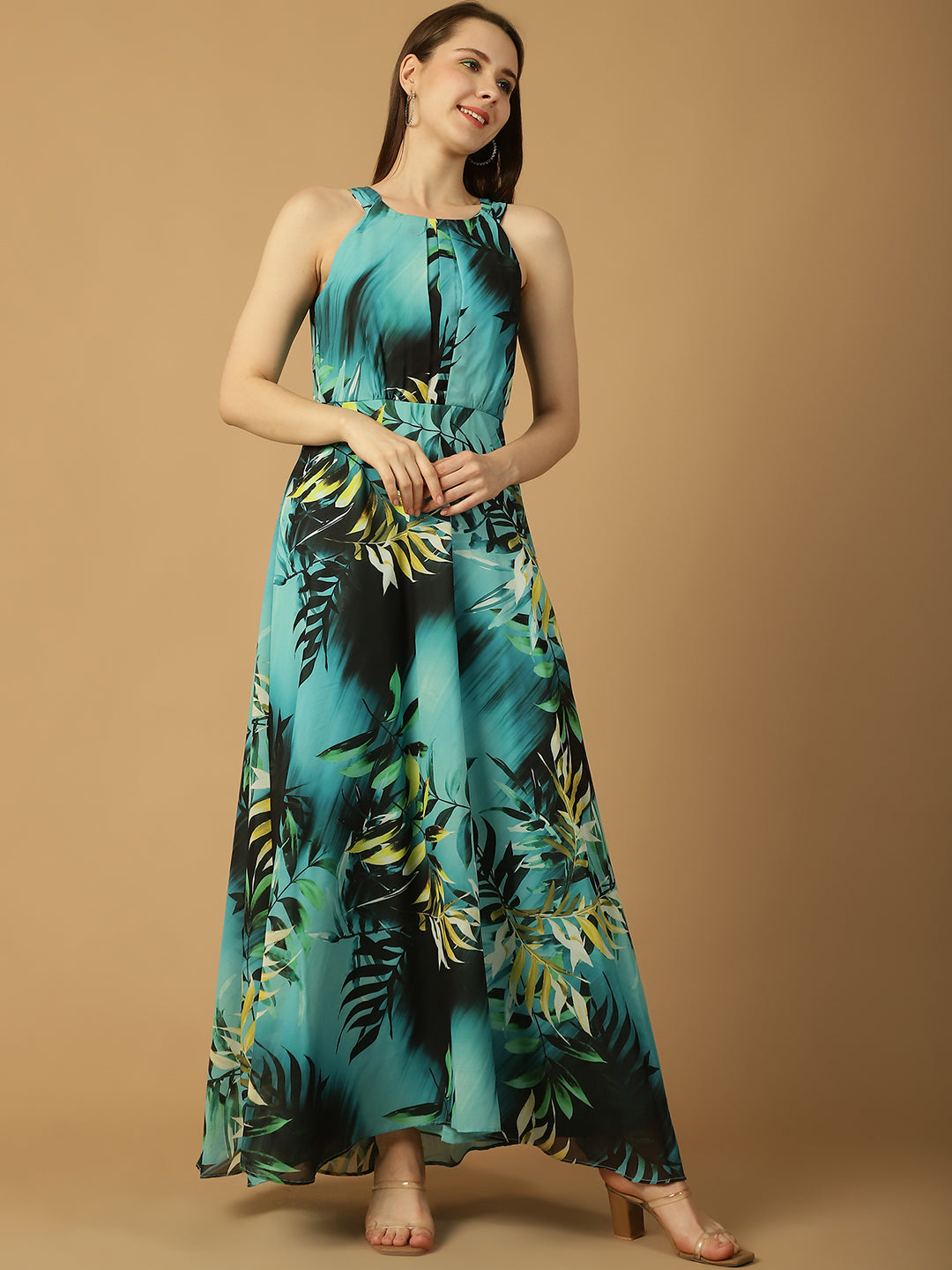 Aqua Tropical Print Maxi Dress