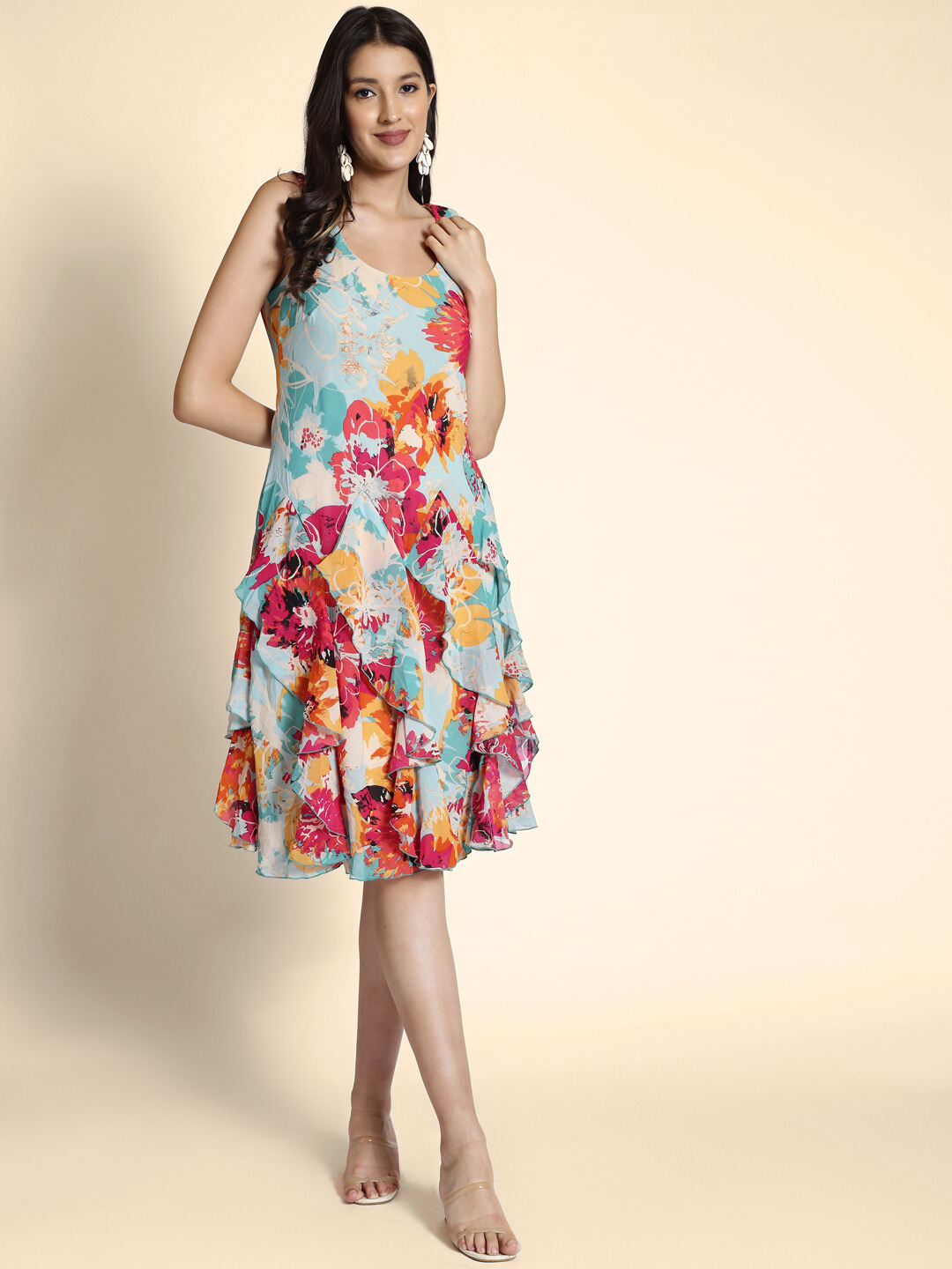 Floral Printed Ruffles Fit & Flare Dress