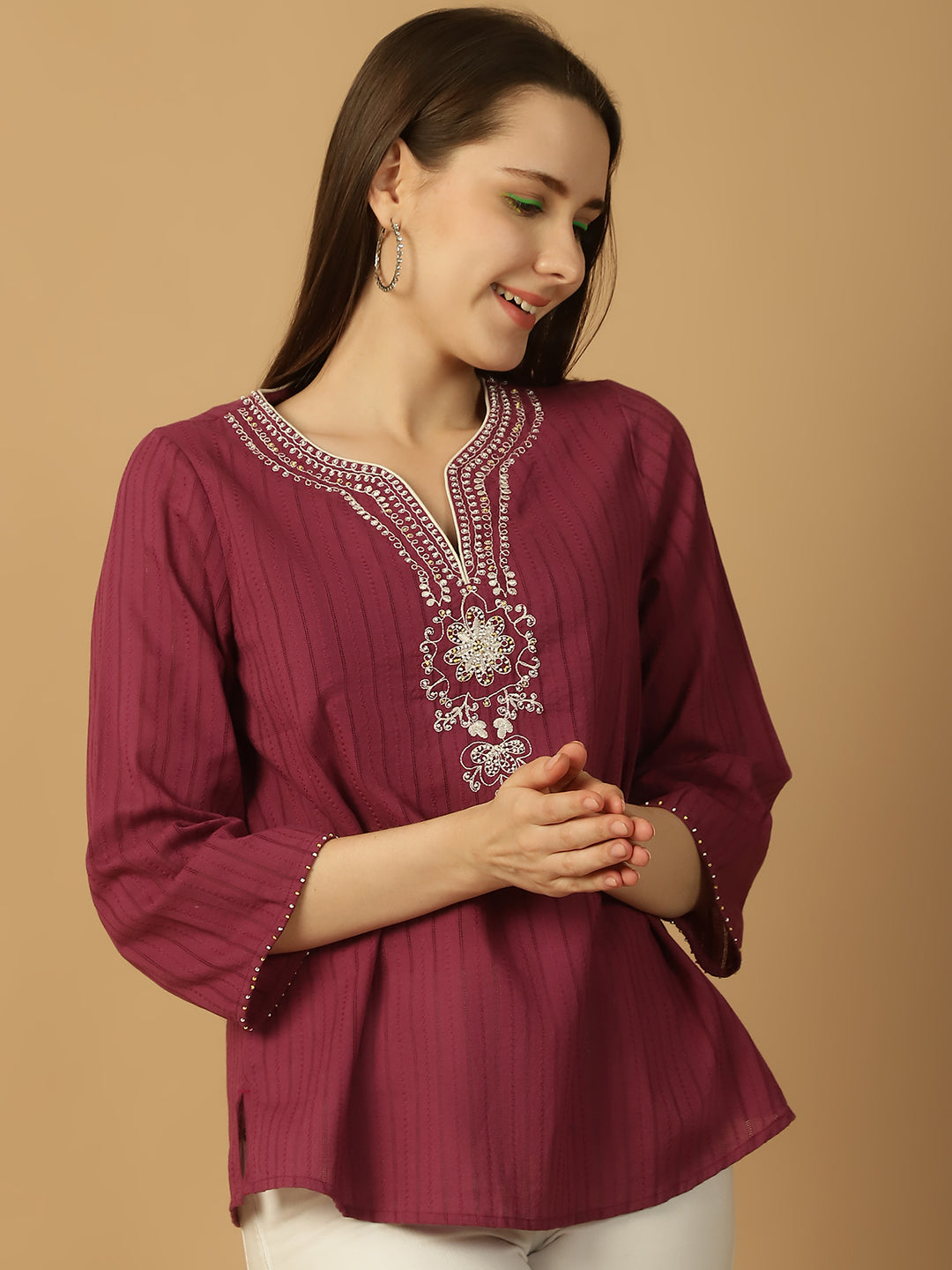 Embroidered Cotton Maroon Tunic