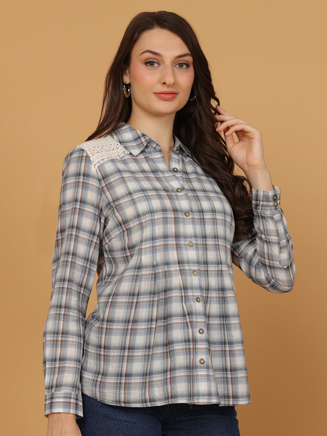 Tartan Checked Lace Cotton Casual Shirt