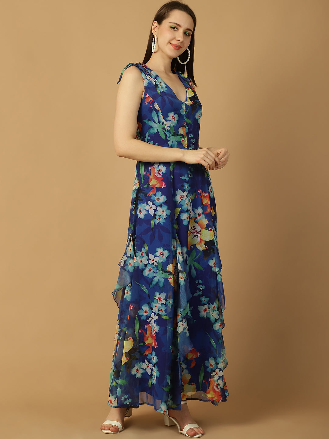 Blue Floral Print Frill Detail Maxi Dress
