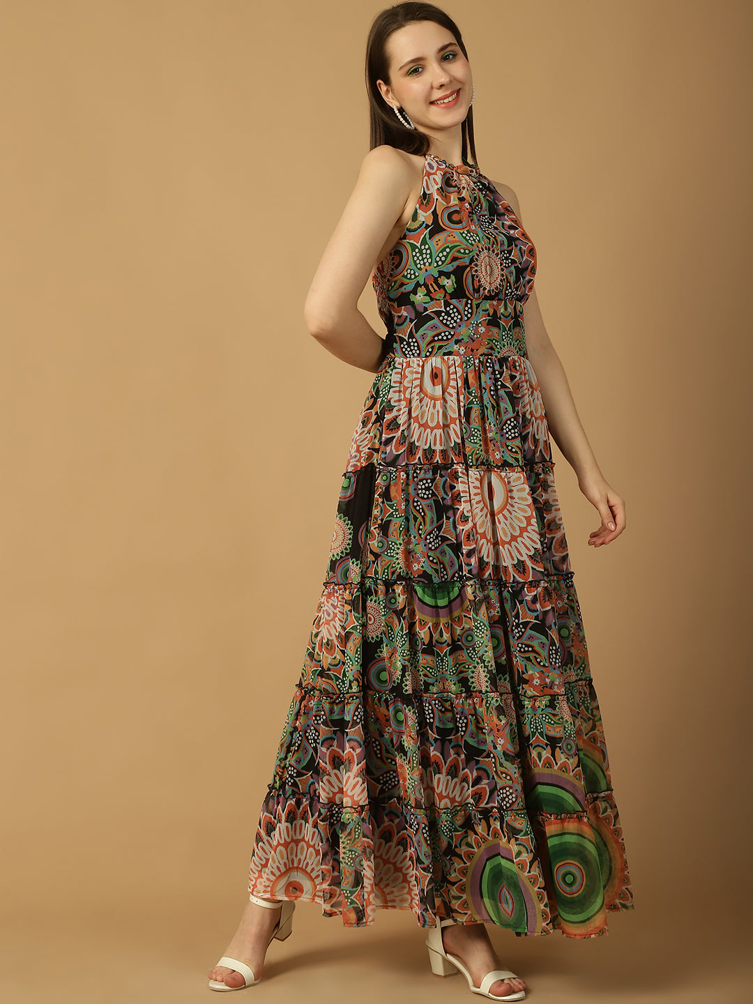 Abstract Print  Tiered Maxi Dress