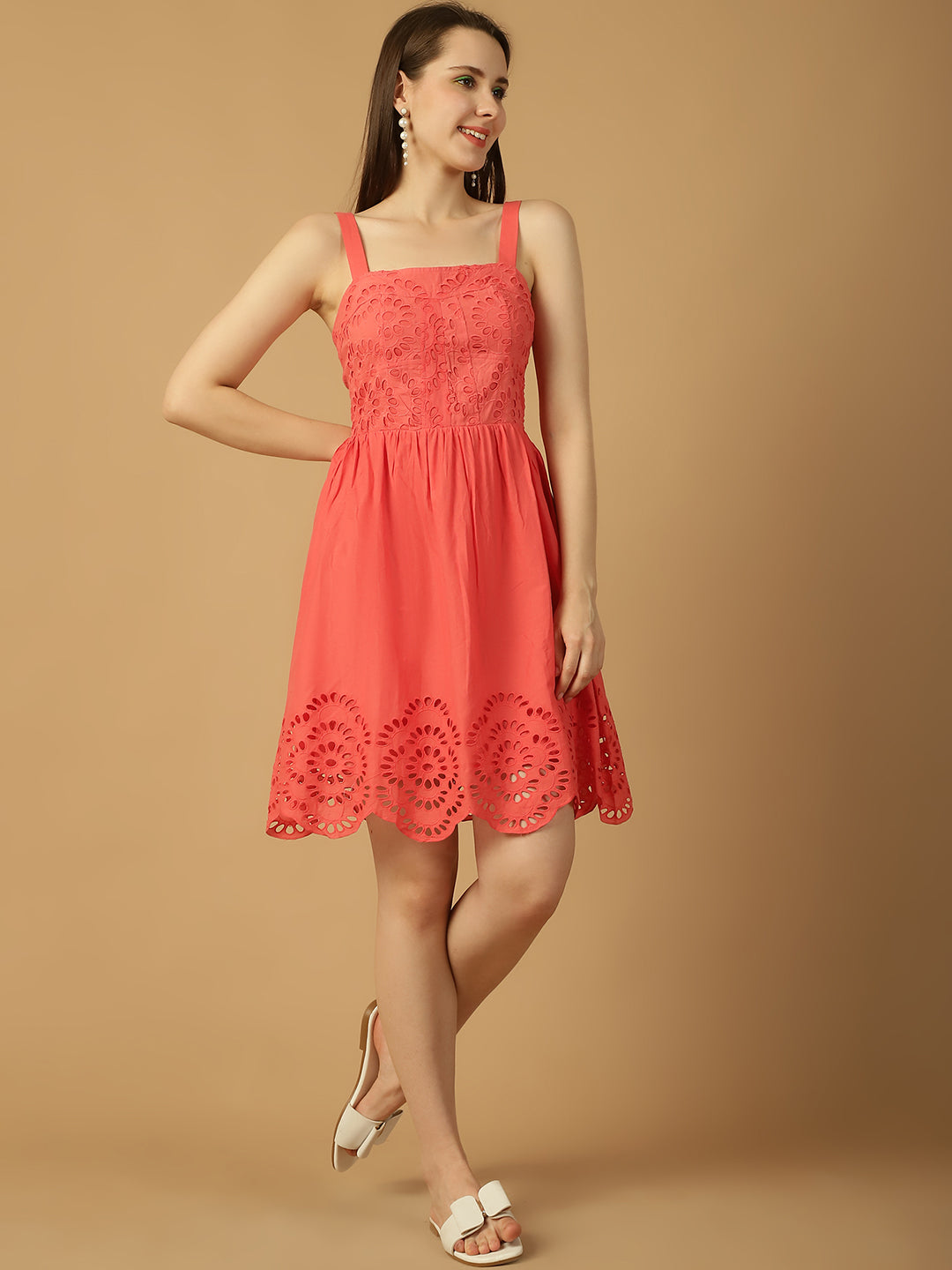 Pink Lace Detail Fit & Flare Dress