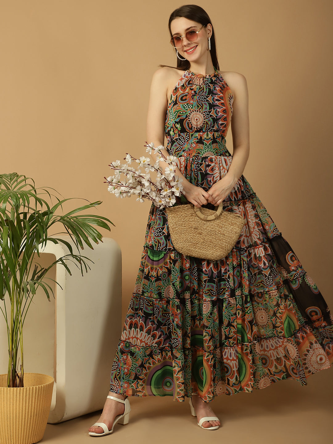 Abstract Print Tiered Maxi Dress