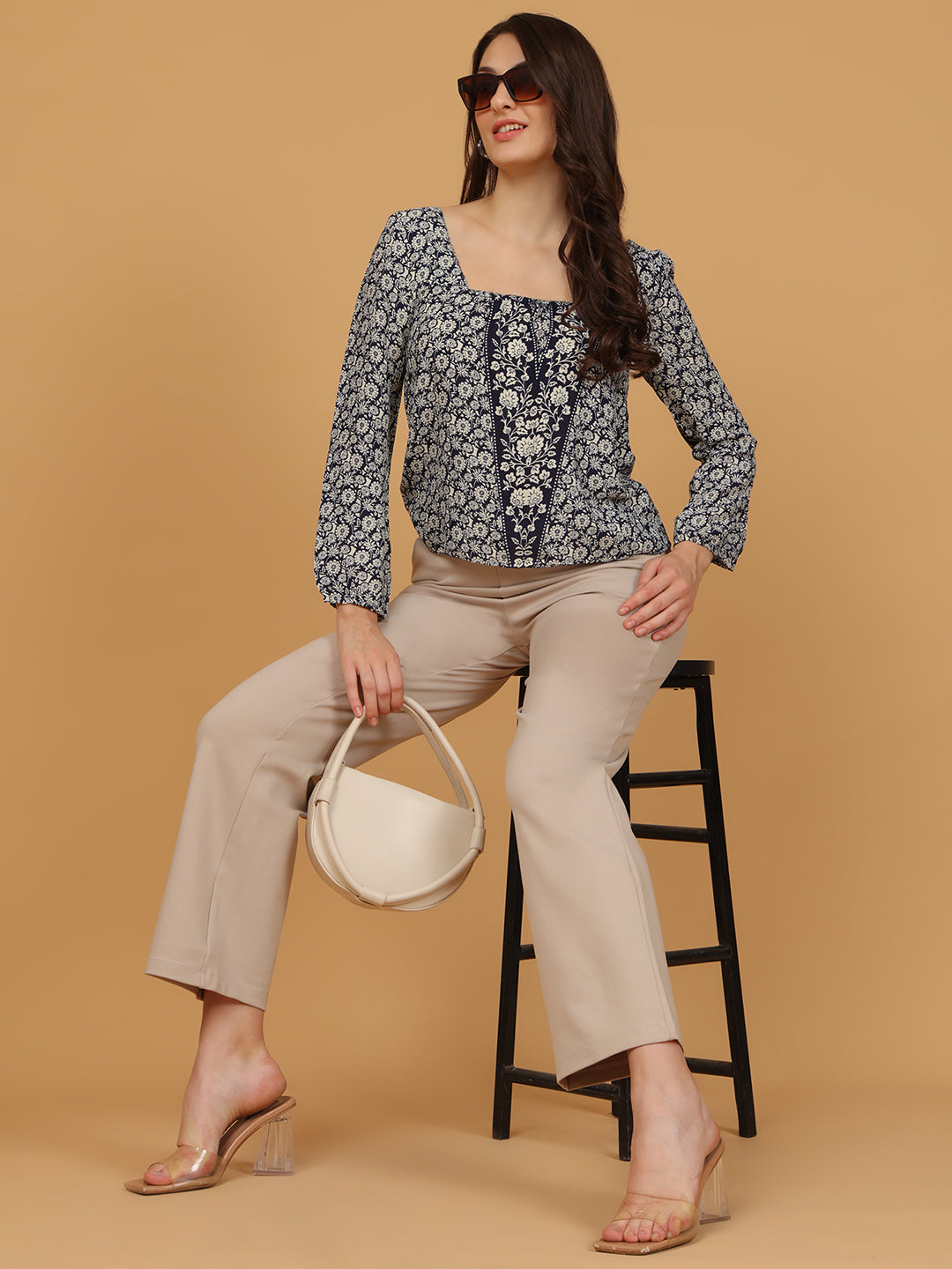 Floral Print Square Neck Top with Tie-Back Detail