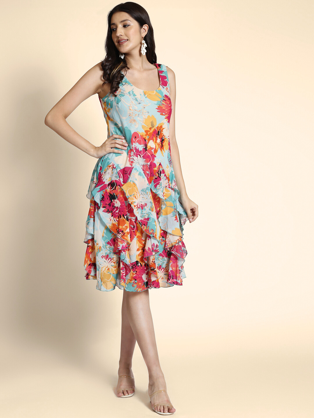 Floral Printed Ruffles Fit & Flare Dress