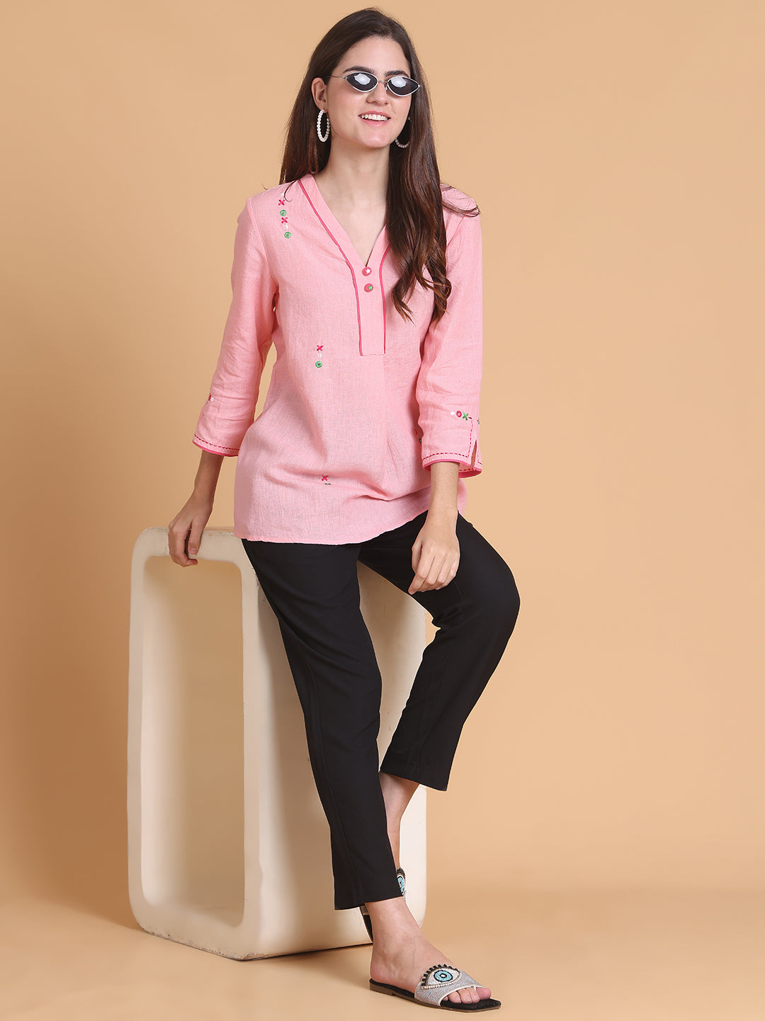 Womens Pastel Pink Cotton-Linen Tunic