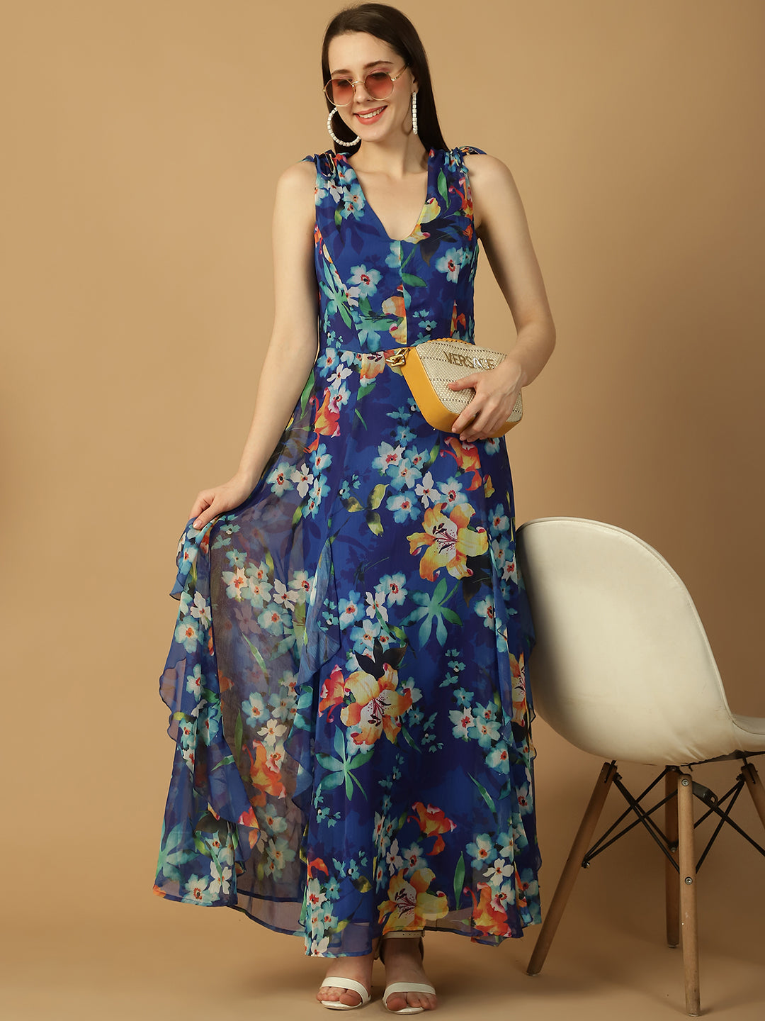 Blue Floral Print Frill Detail Maxi Dress