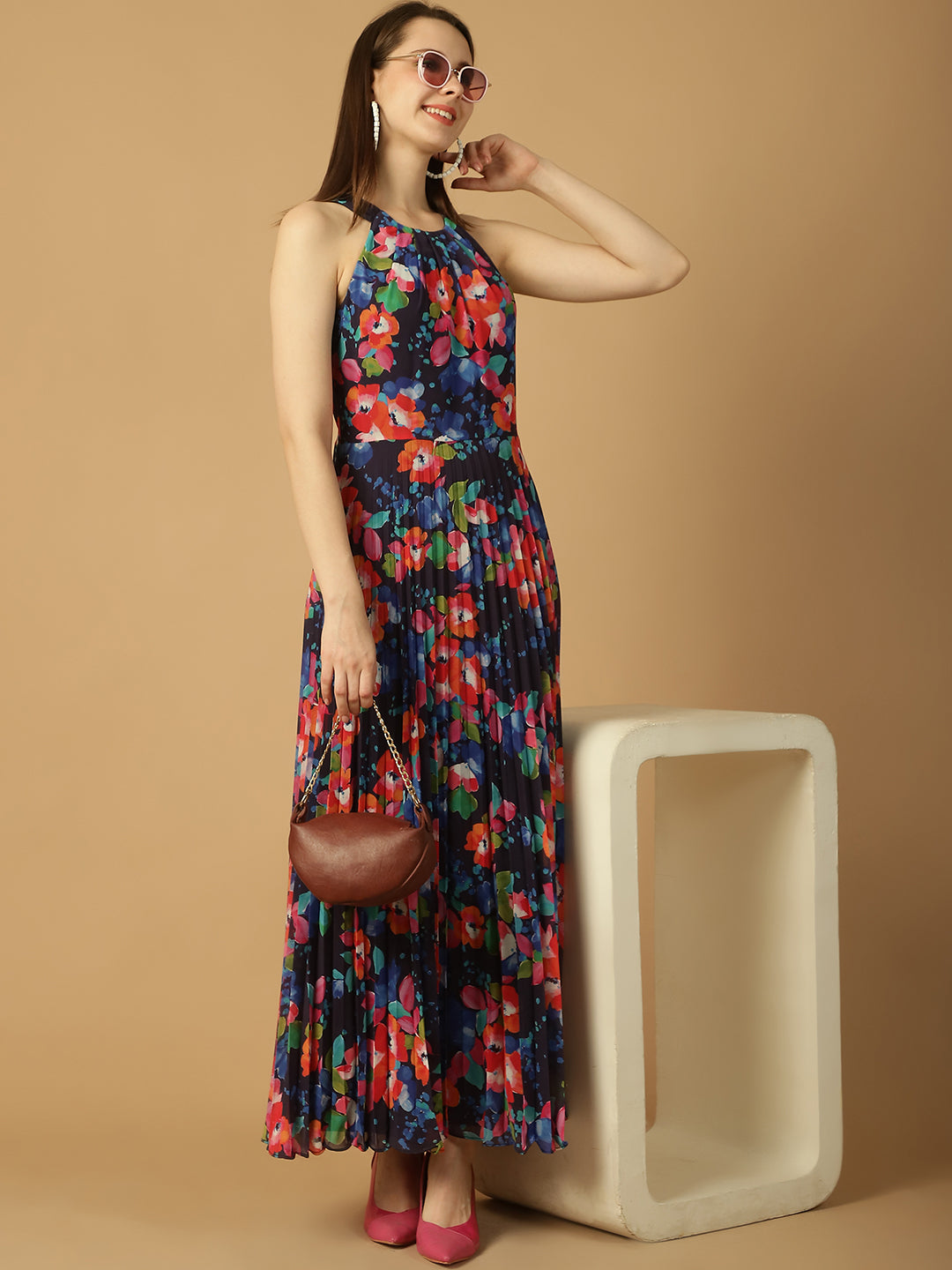 Floral Print Pleated Maxi Dress