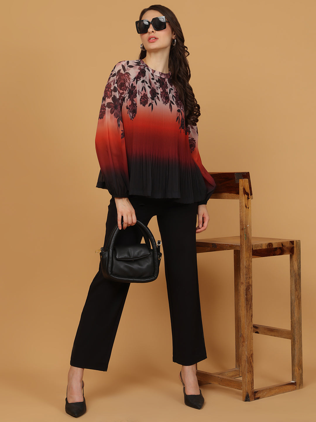 Women's Floral Ombre Pleated Top