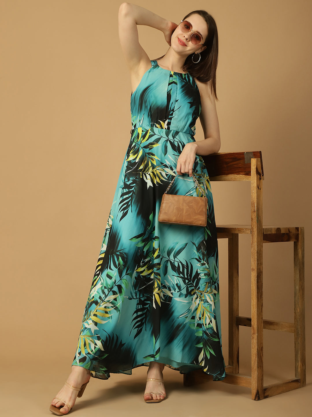 Aqua Tropical Print Maxi Dress