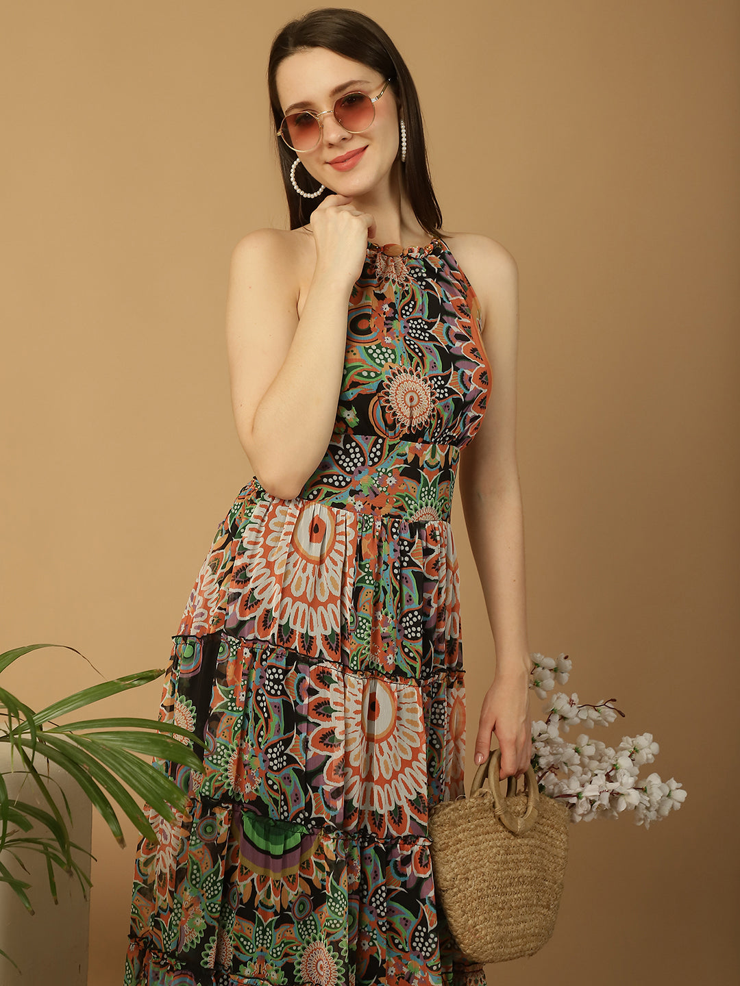 Abstract Print Tiered Maxi Dress