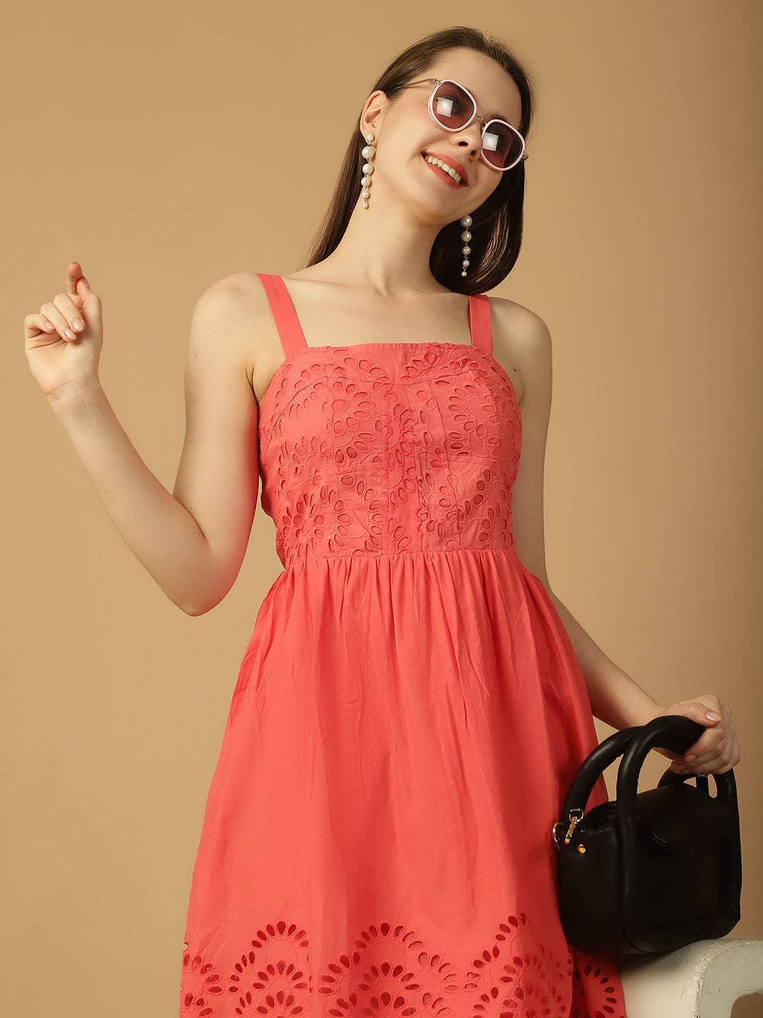 Pink Lace Detail Fit & Flare Dress