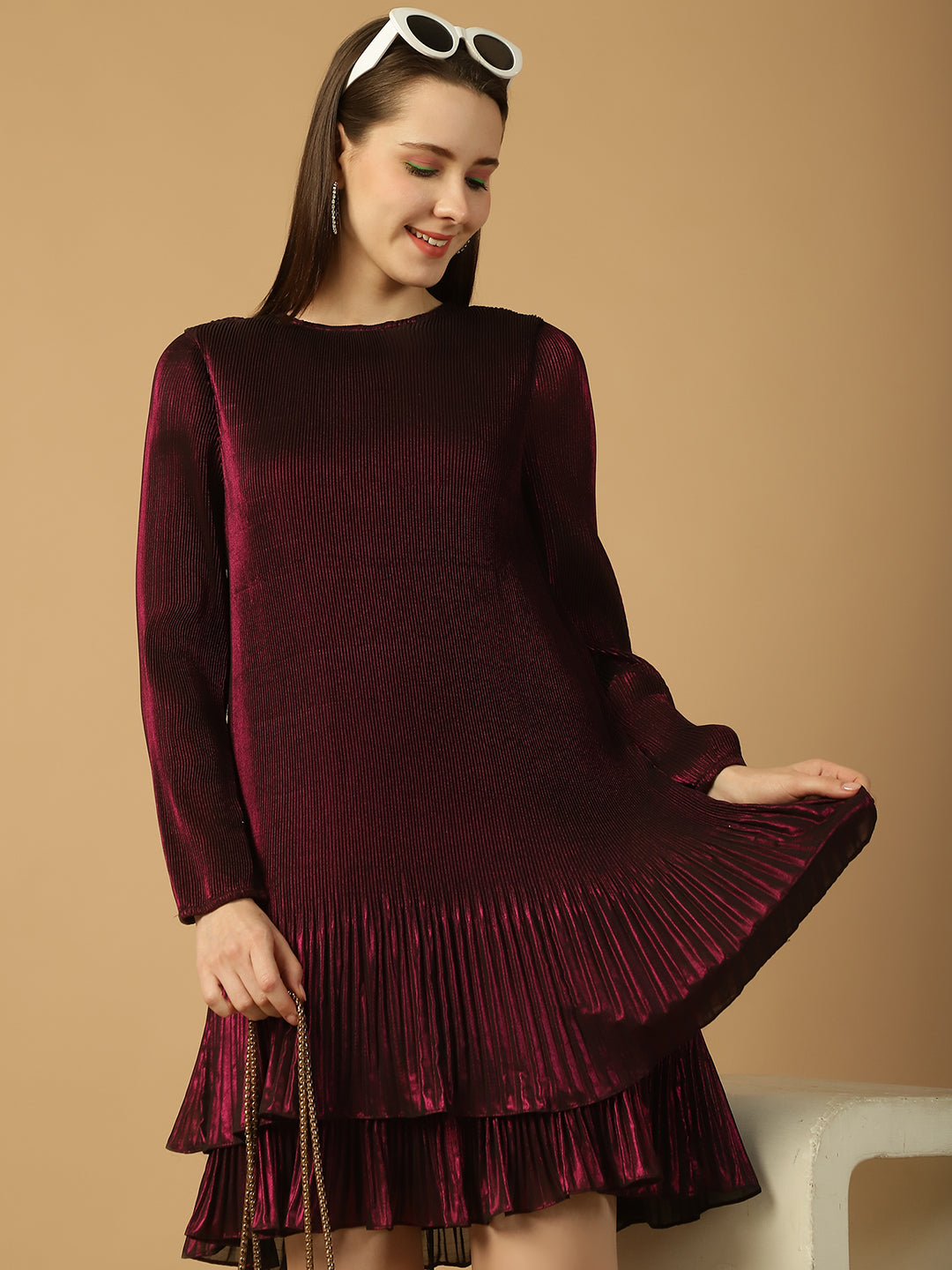 Pleated Shimmer frill hem Swing Dress