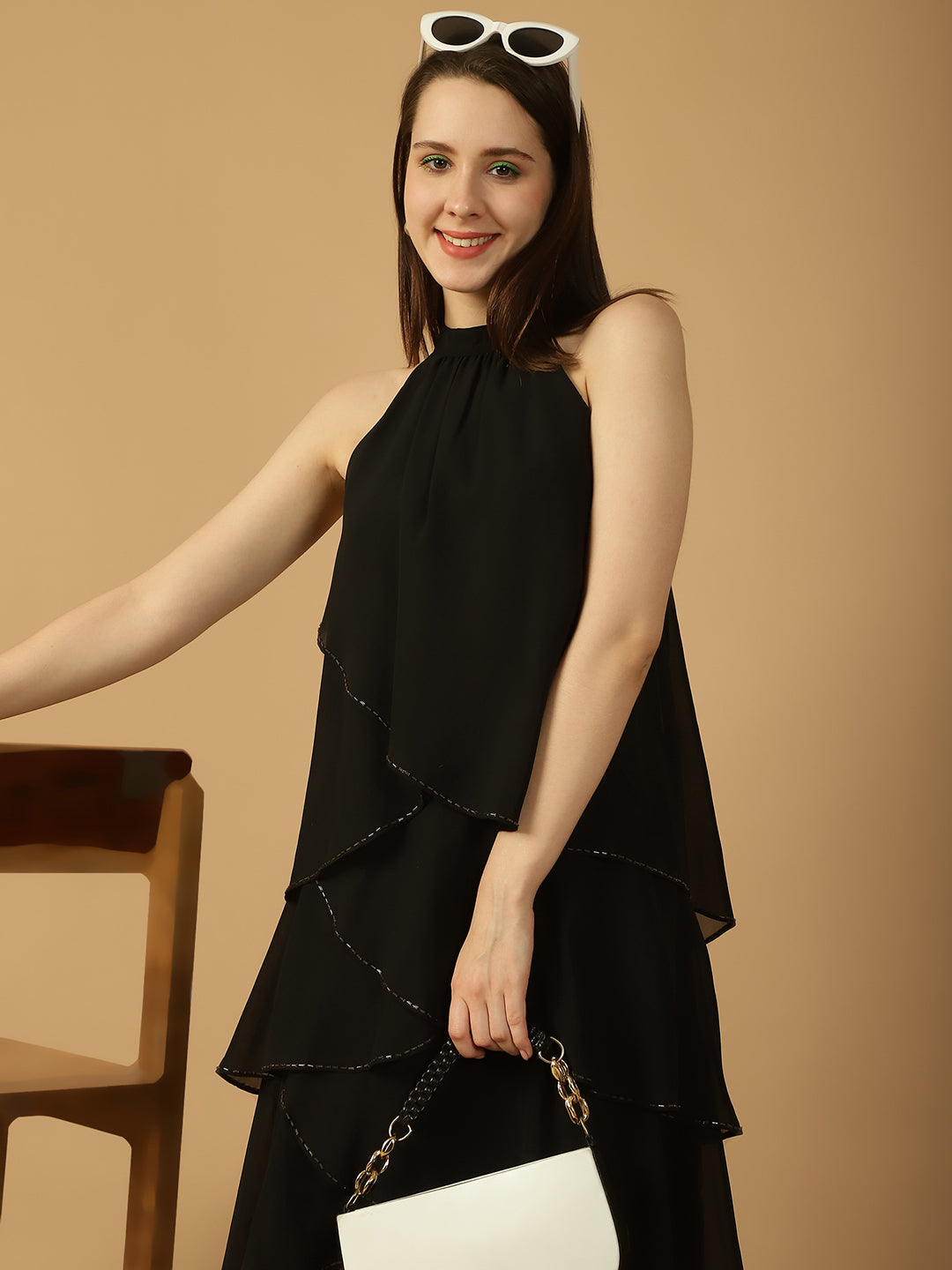 Sparkle Trim Tiered Halterneck Dress