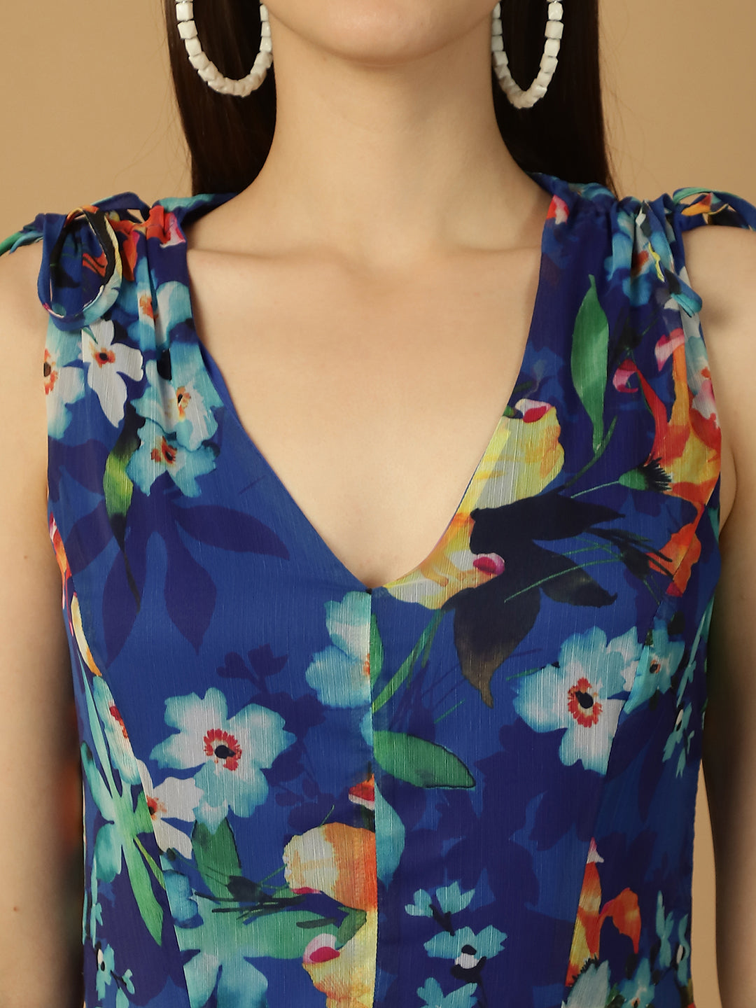 Blue Floral Print Frill Detail Maxi Dress