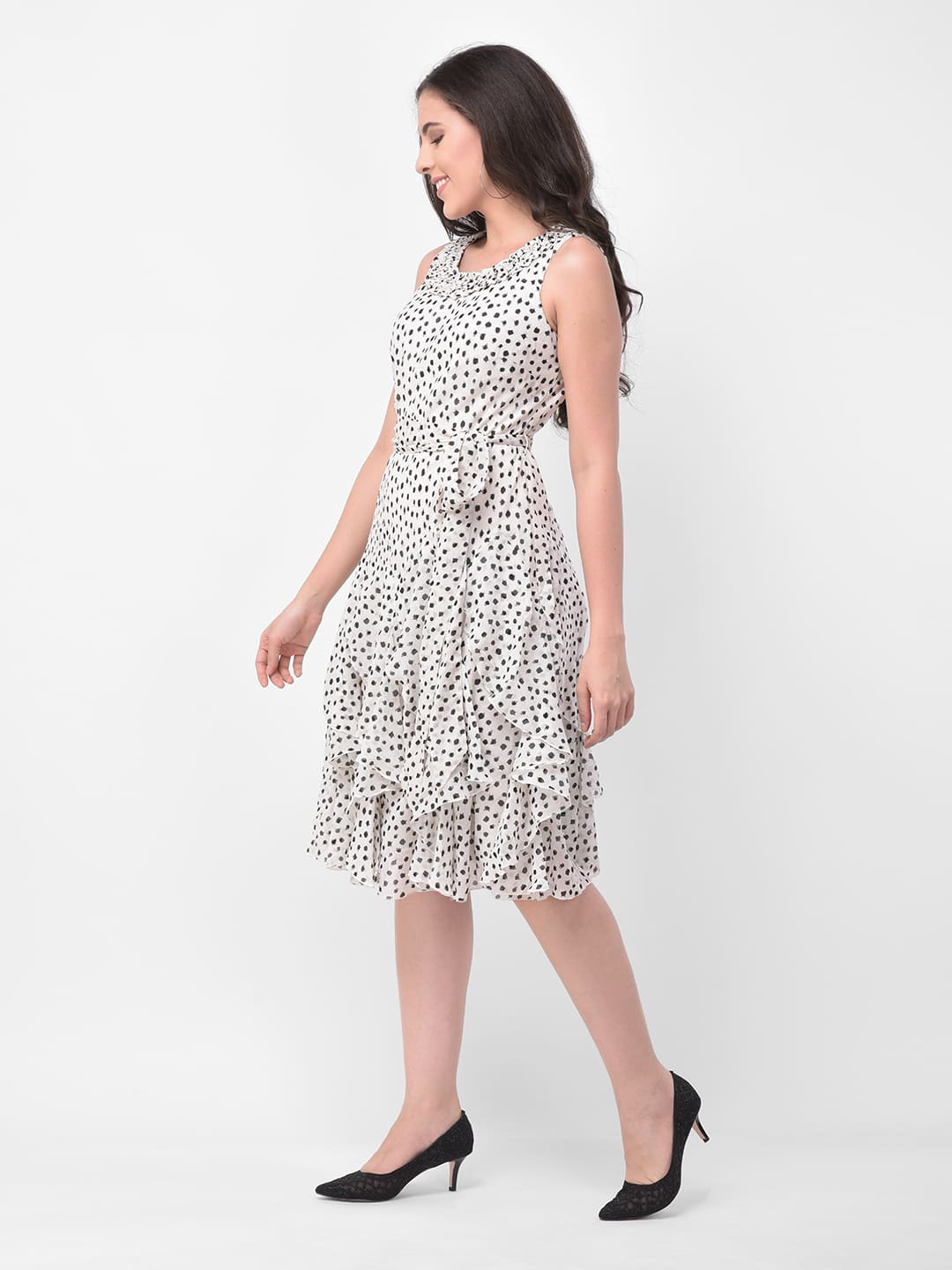 Embellished Neck Dotted Flared Dress