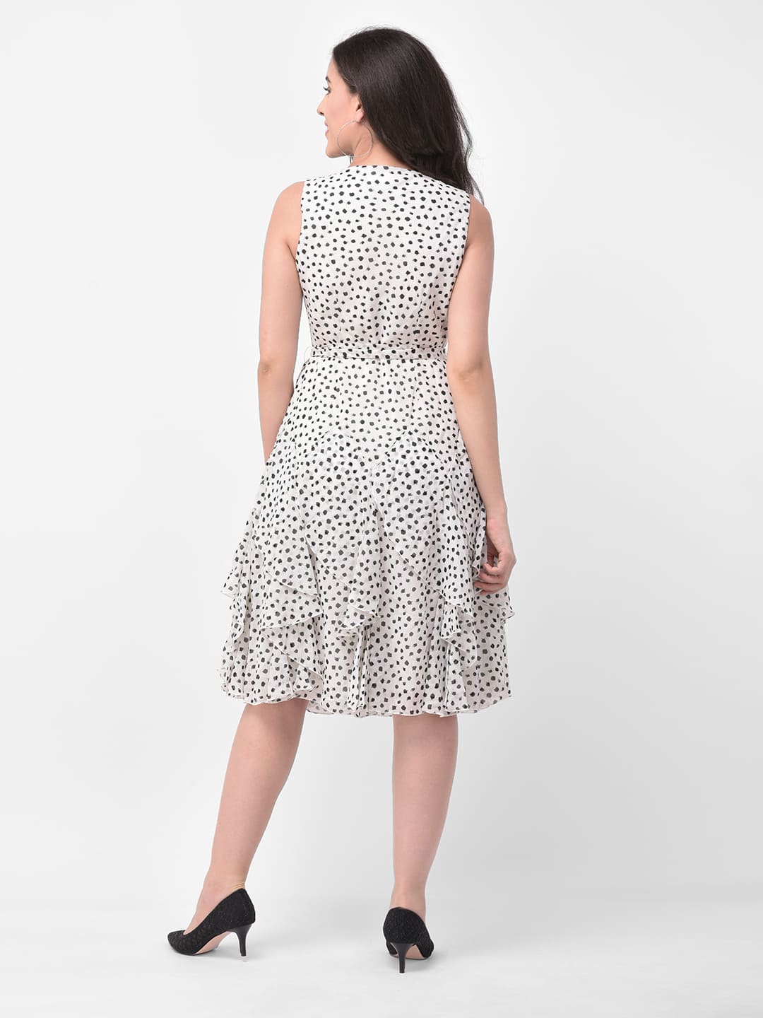 Embellished Neck Dotted Flared Dress