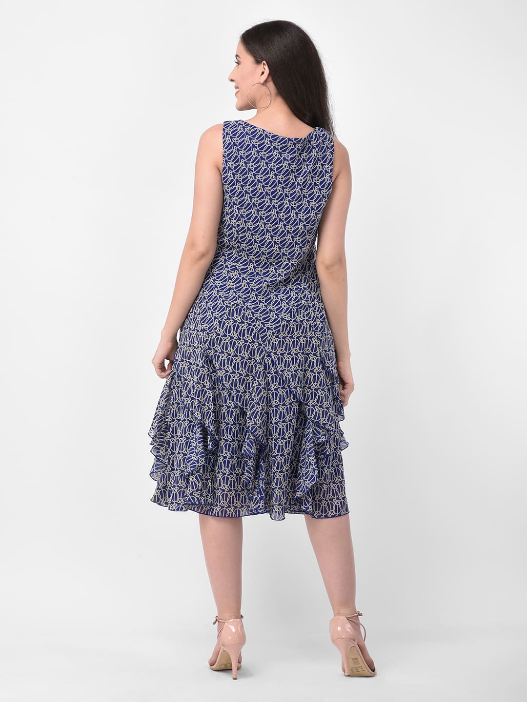 Blue Printed A-Line Midi Dress
