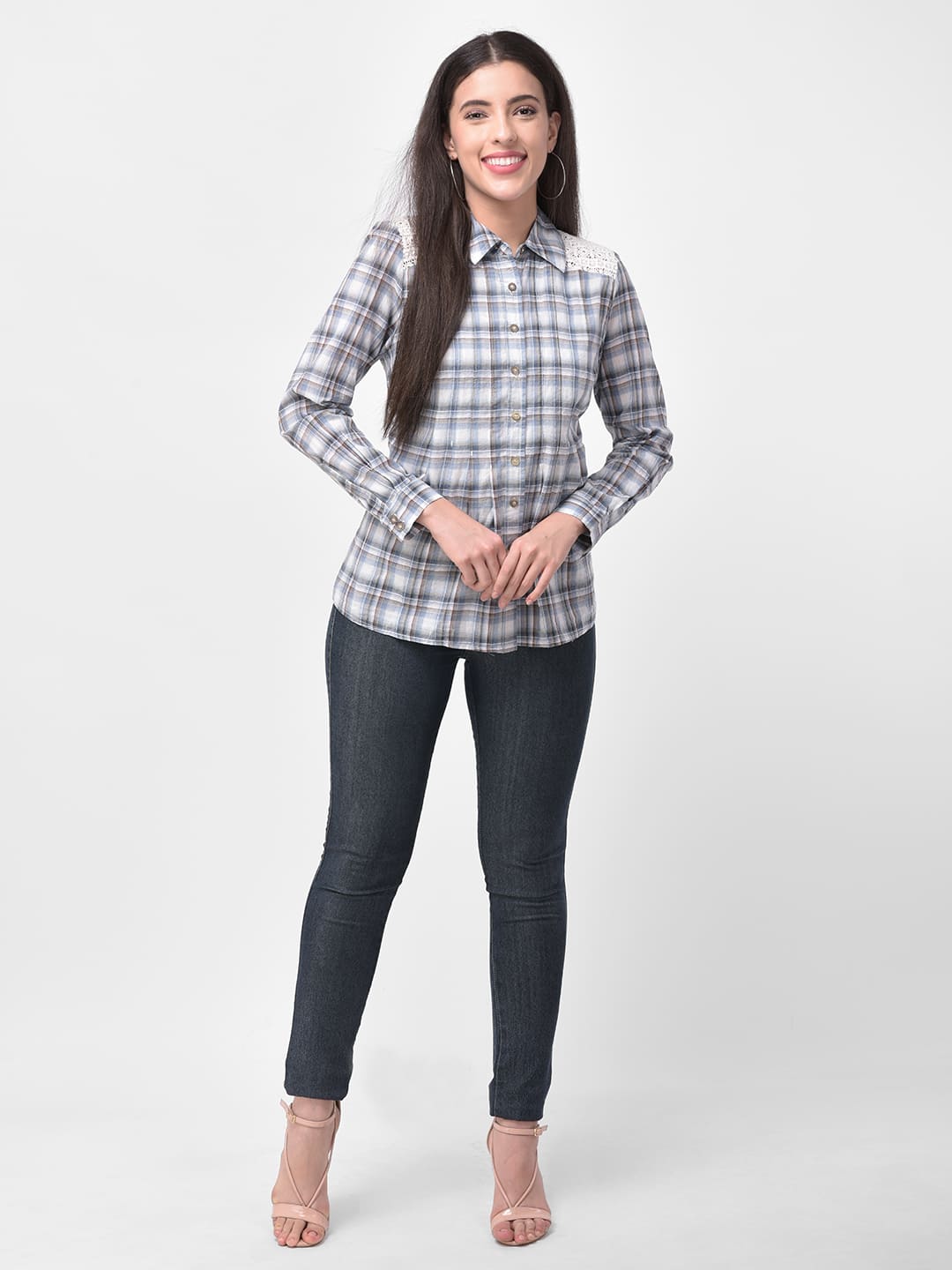 Women Shoulder Lace Patch Detail Blue Checkered Shirt