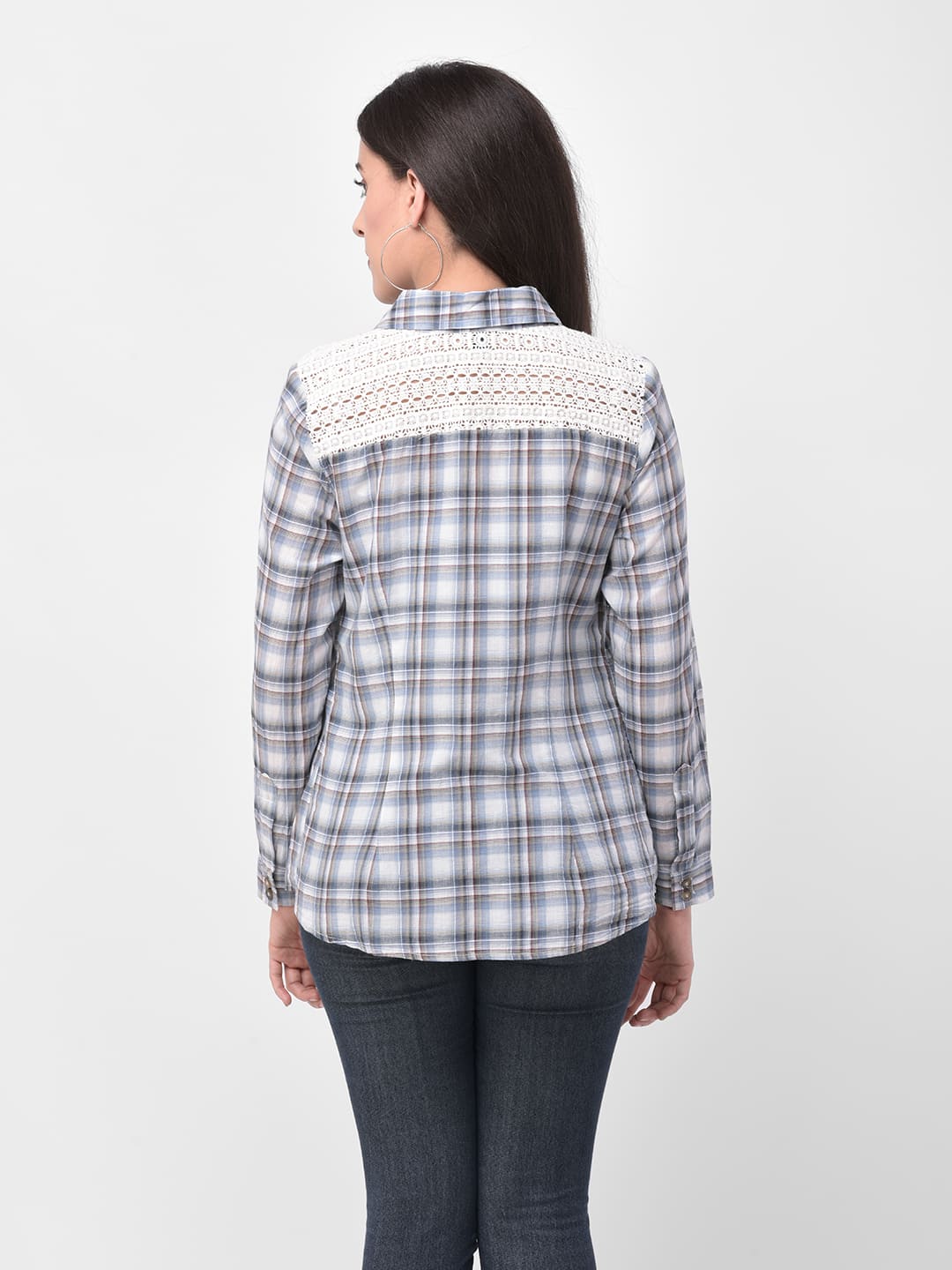 Women Shoulder Lace Patch Detail Blue Checkered Shirt