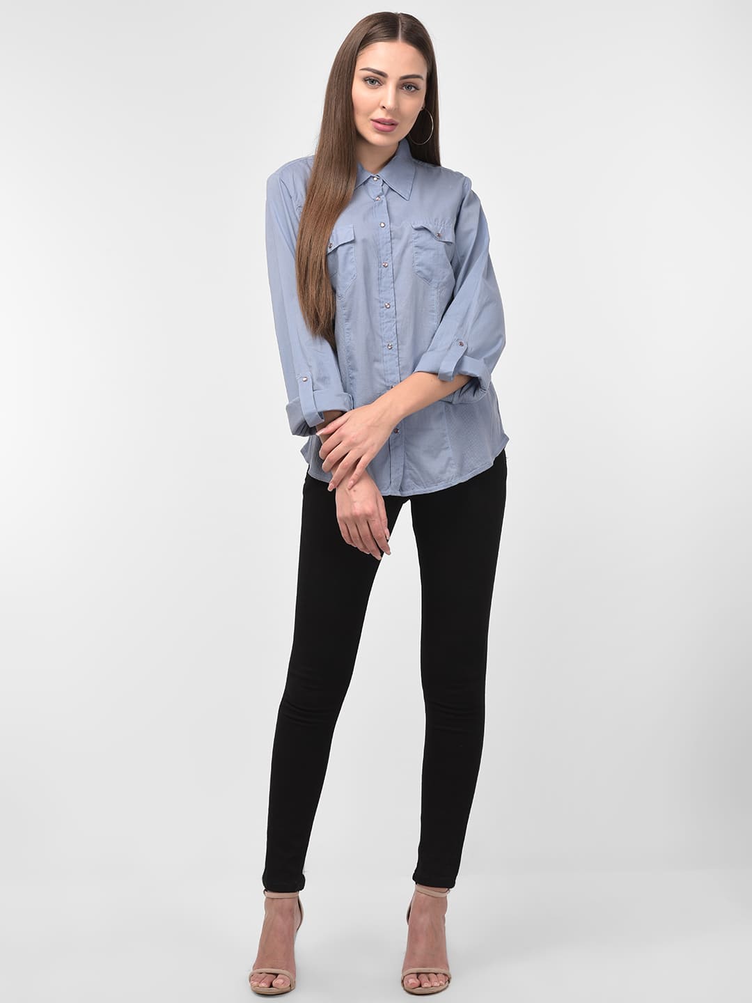 Women Blue Solid Long Sleeves Formal Shirt