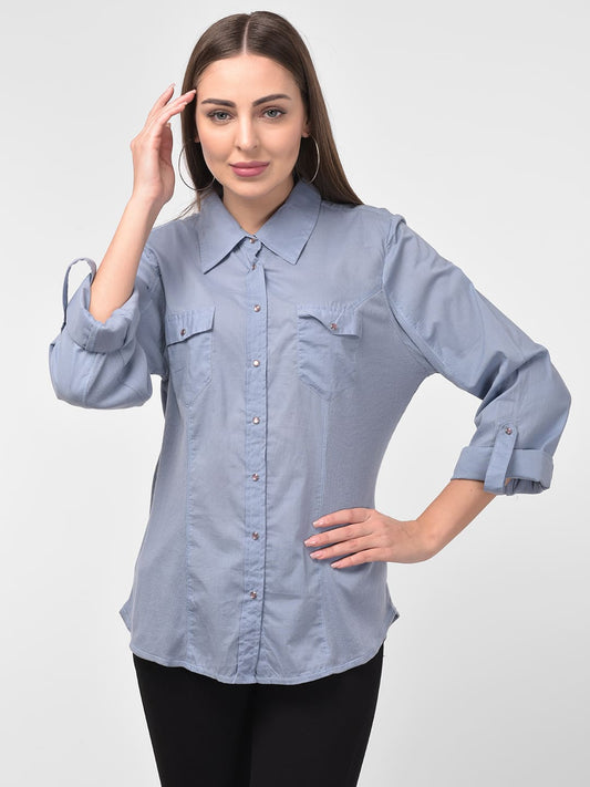 Women Blue Solid Long Sleeves Formal Shirt