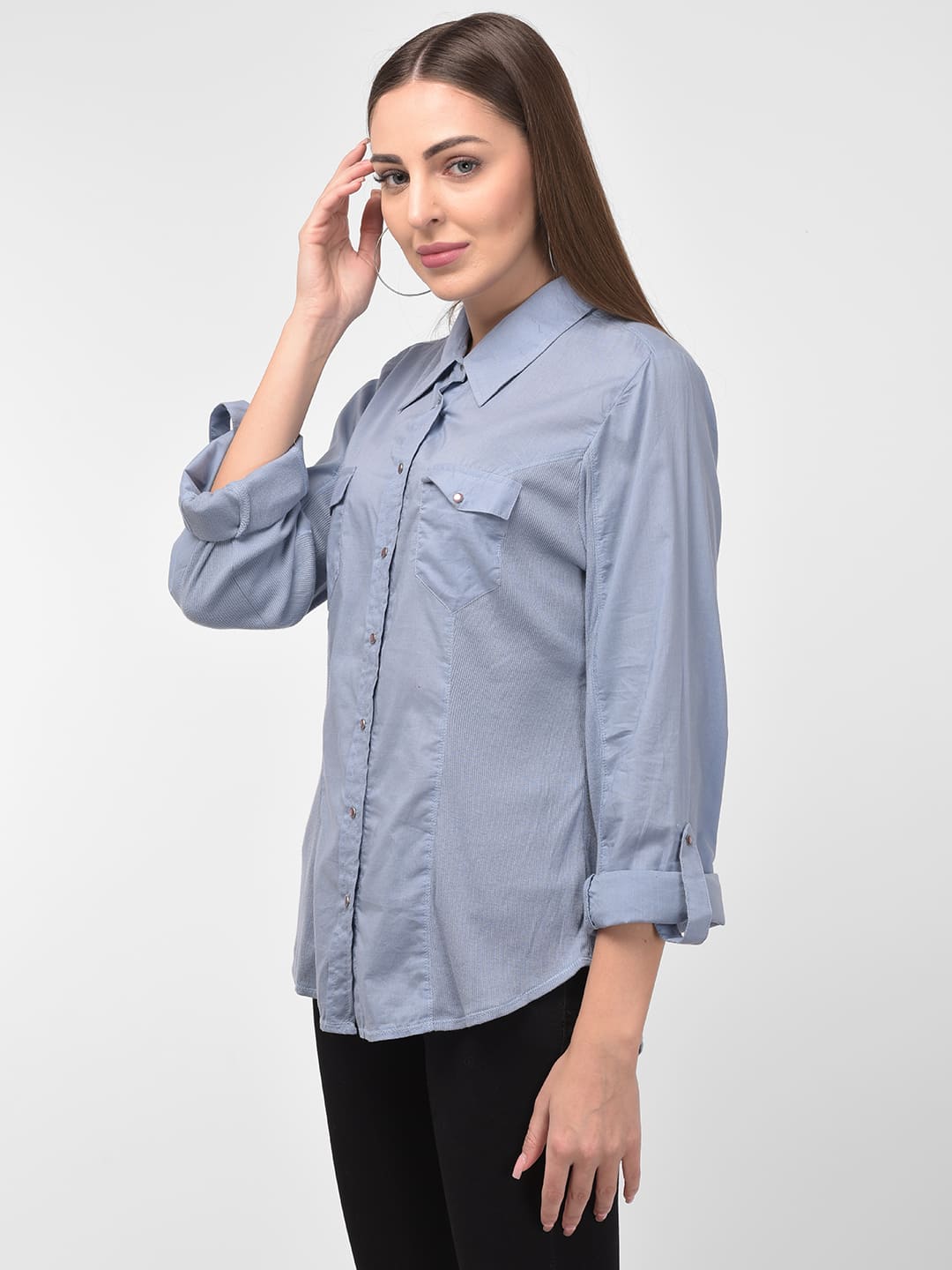 Women Blue Solid Long Sleeves Formal Shirt