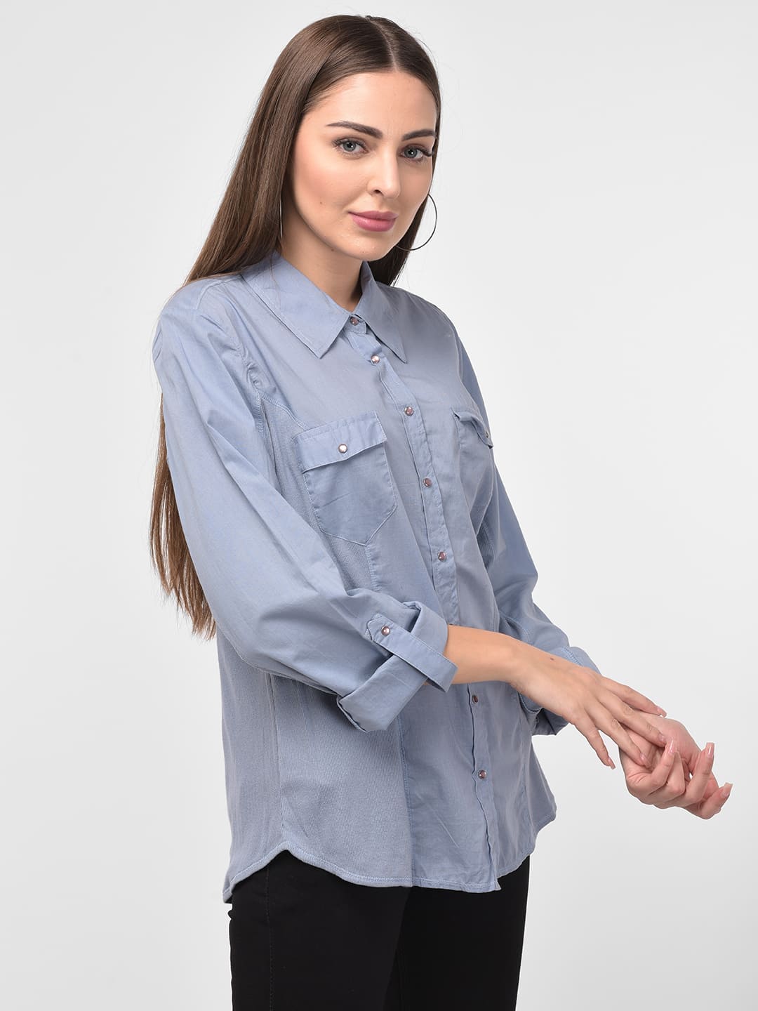 Women Blue Solid Long Sleeves Formal Shirt