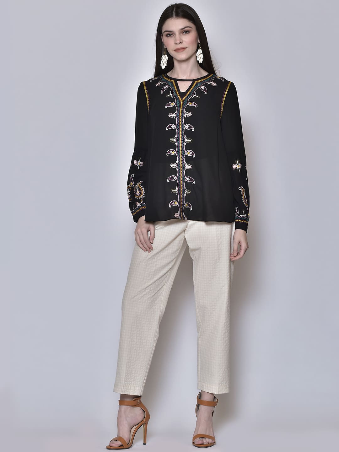 Women Black Embroidered Regular Top