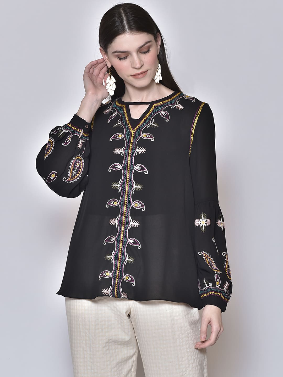 Women Black Embroidered Regular Top