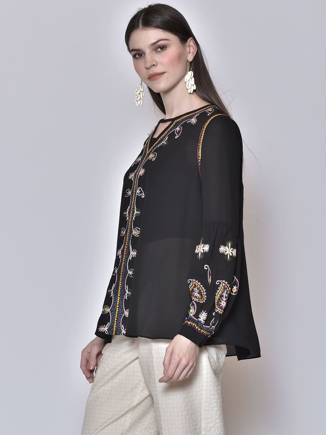 Women Black Embroidered Regular Top