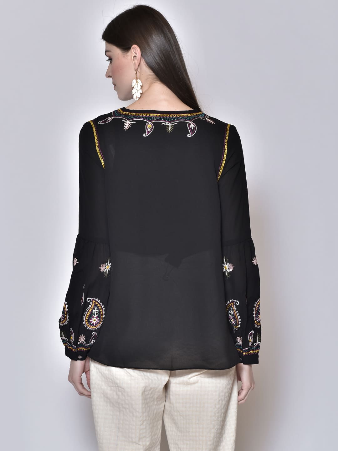Women Black Embroidered Regular Top