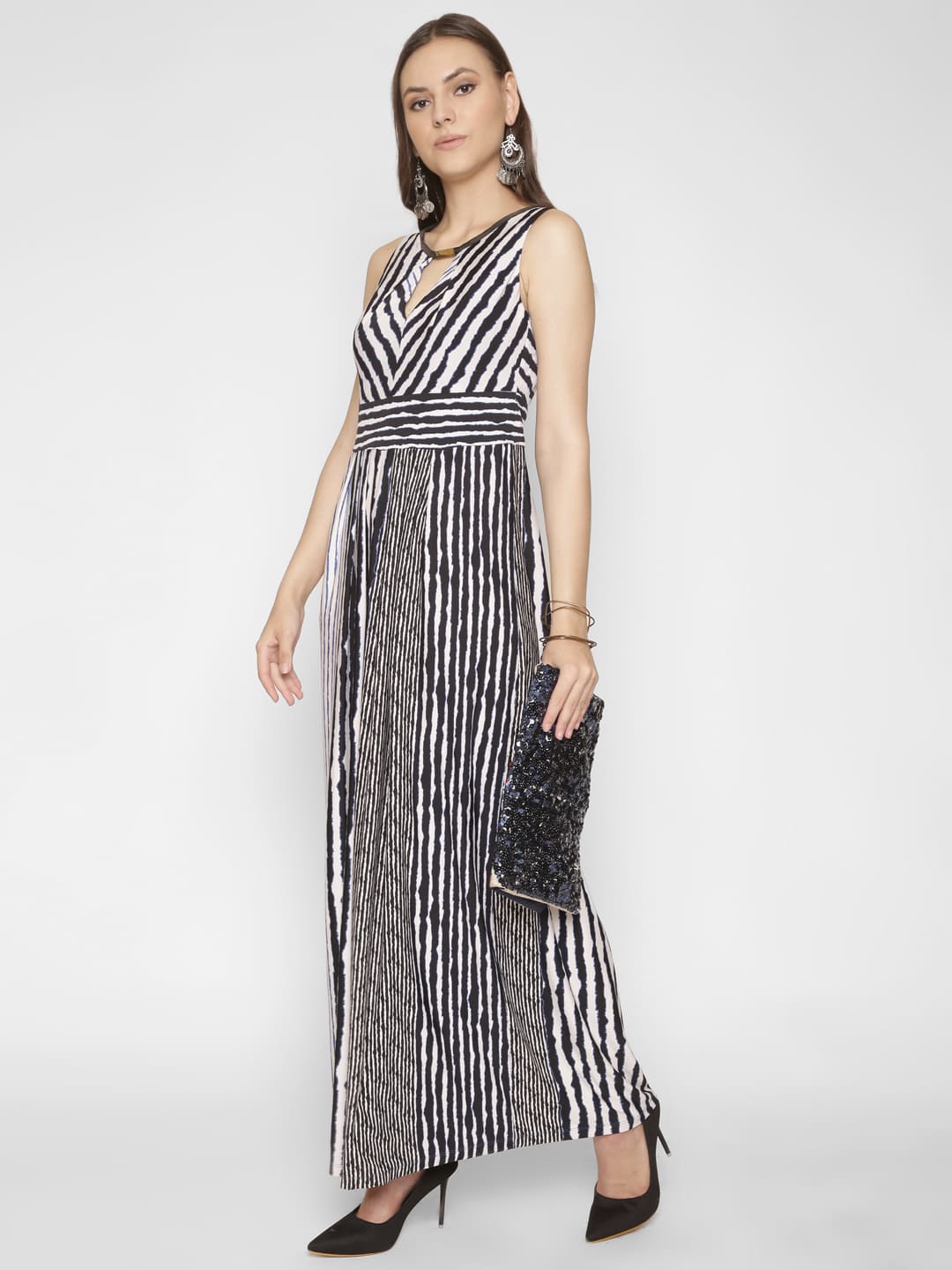 White & Black Stripe key Hole Neck Maxi Dress