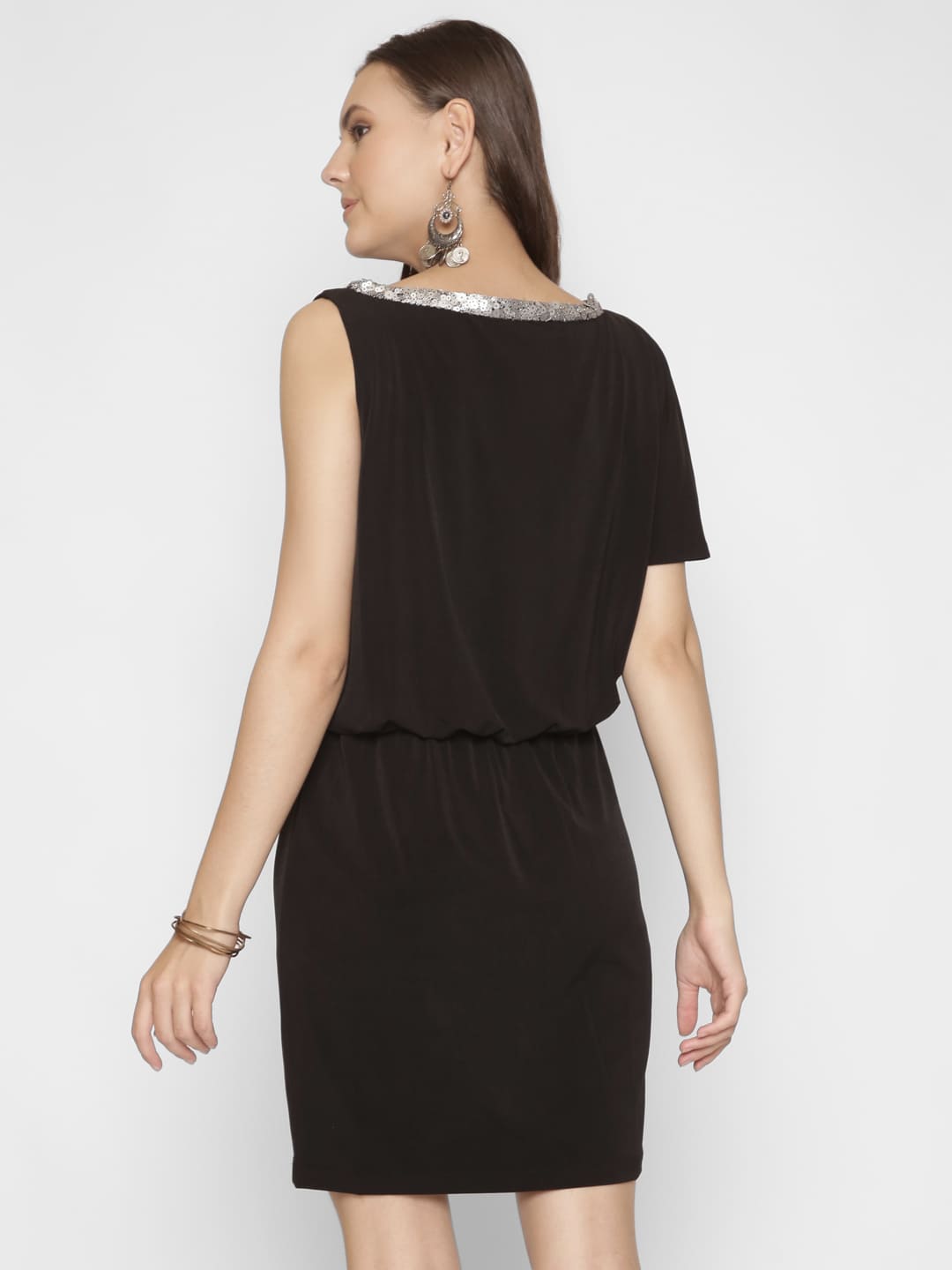 Embellished Neck Black Mini Dress