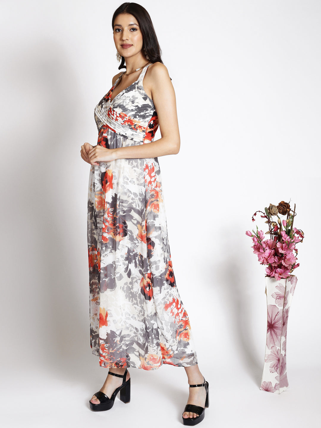 Abstract Printed Shoulder Straps Gathered Maxi Dress