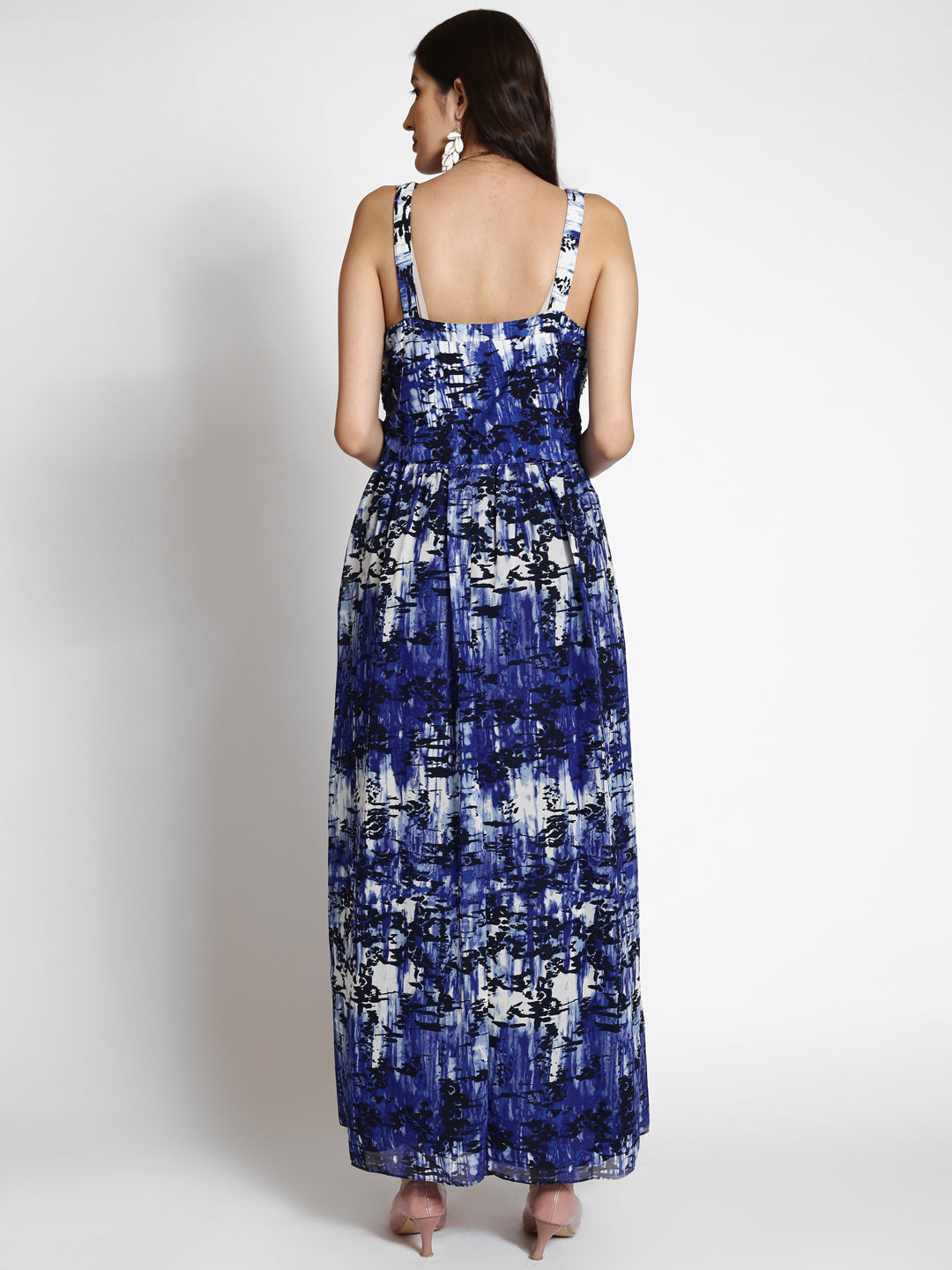 Abstract Printed Shoulder Strap Neck Maxi Dress