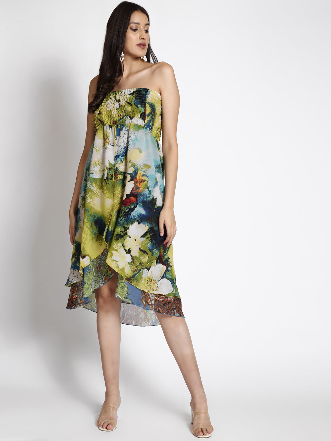 Abstract Printed Strapless Smocked A-Line Dress