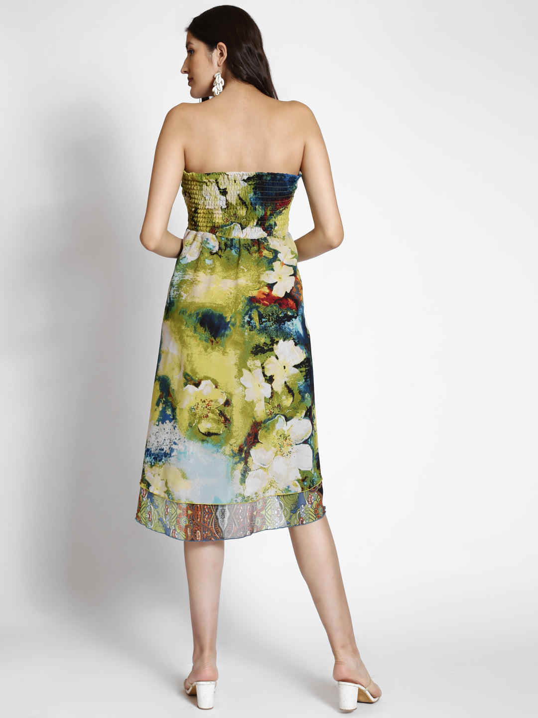 Abstract Printed Strapless Smocked A-Line Dress