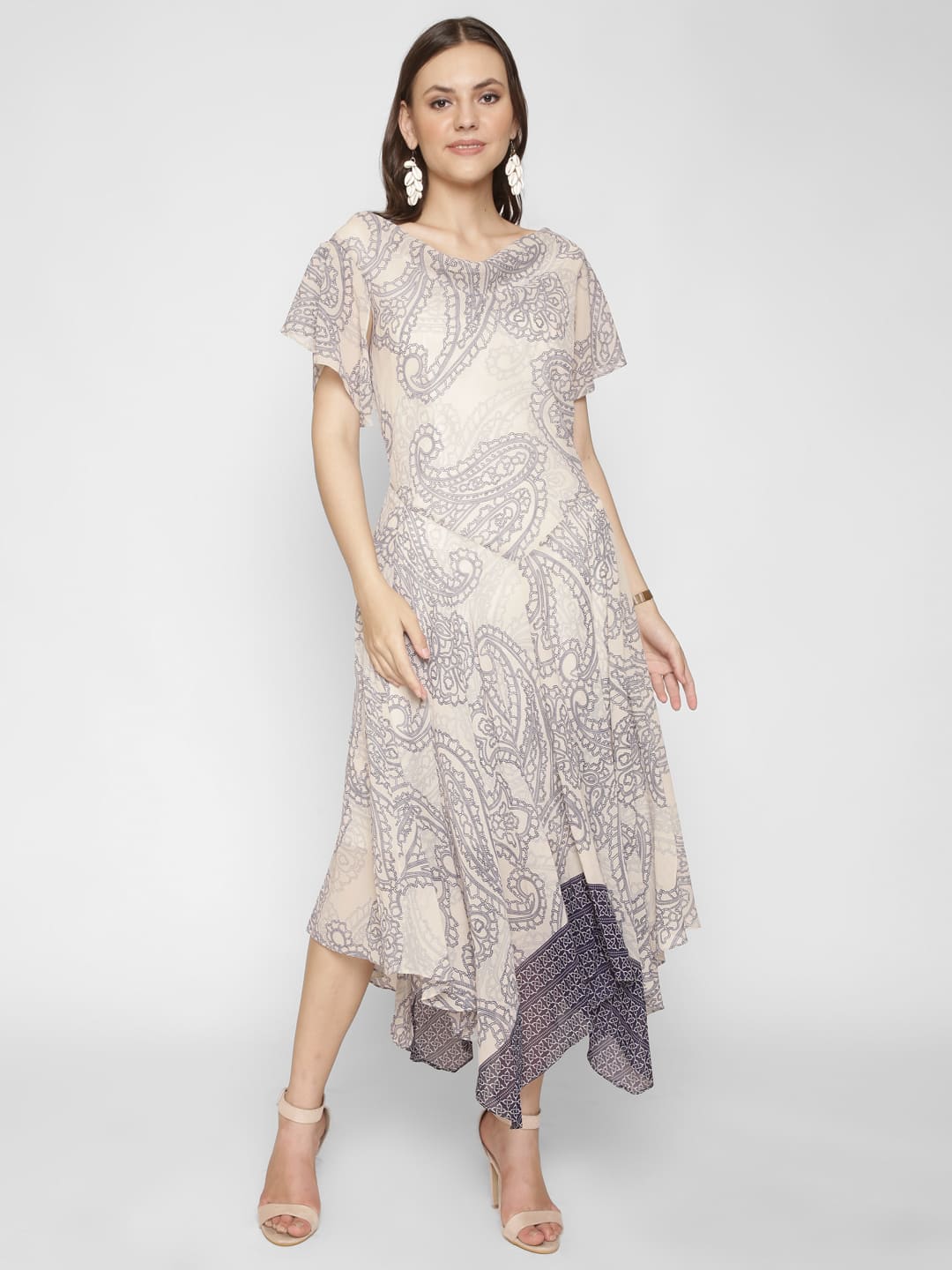 Asymmetric Paisley Print Cowl Neck Knee Length Dress