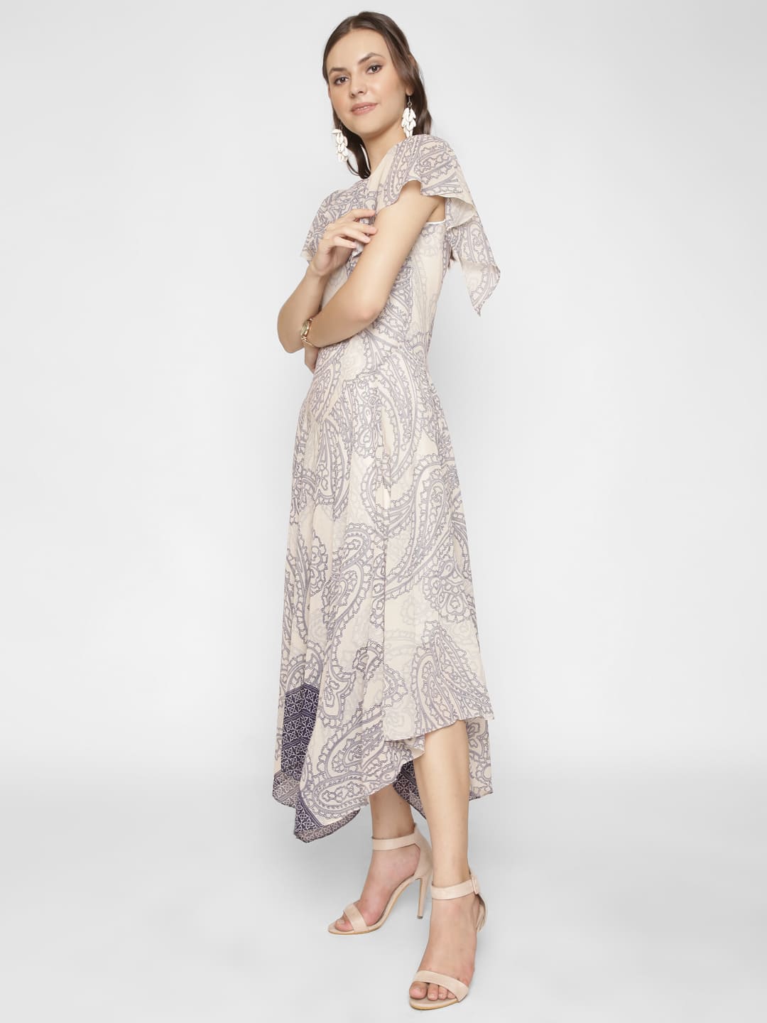 Asymmetric Paisley Print Cowl Neck Knee Length Dress