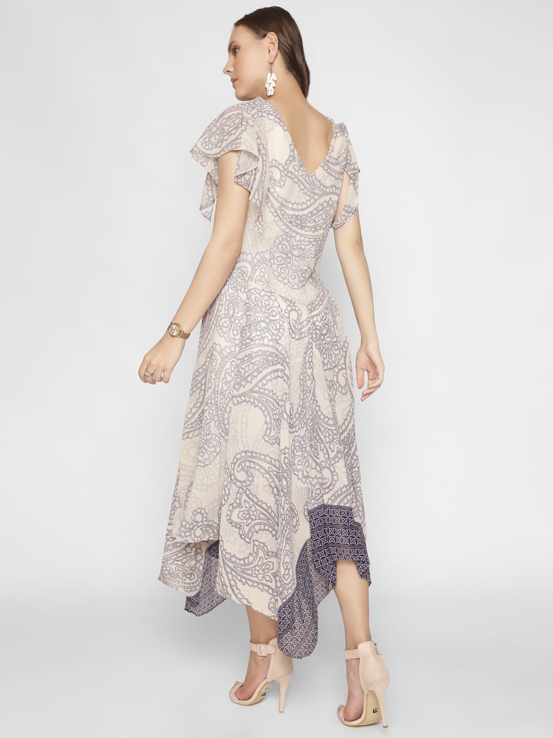 Asymmetric Paisley Print Cowl Neck Knee Length Dress